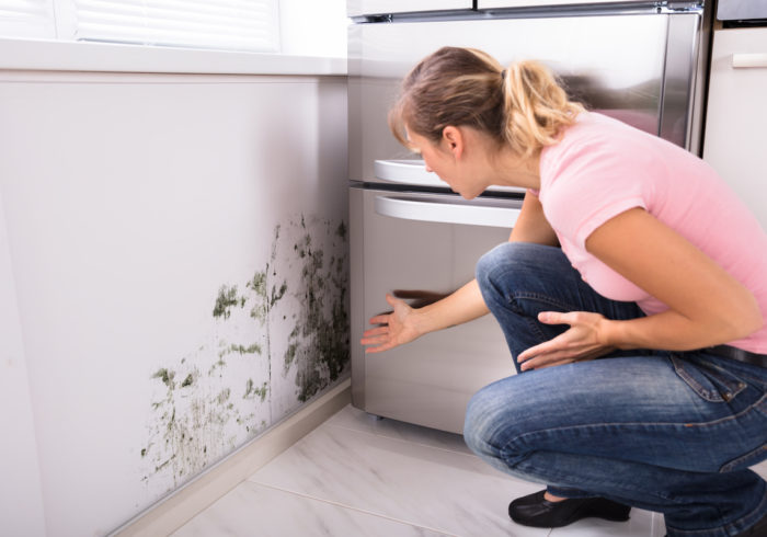 A woman reacting to finding mould in her kitchen