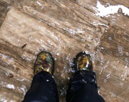 A person's feet standing on flooded hardwood floors