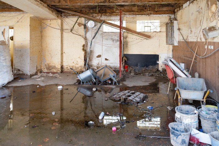 A property ravaged by a flood. Flood safety tips can come in handy in situations like these.