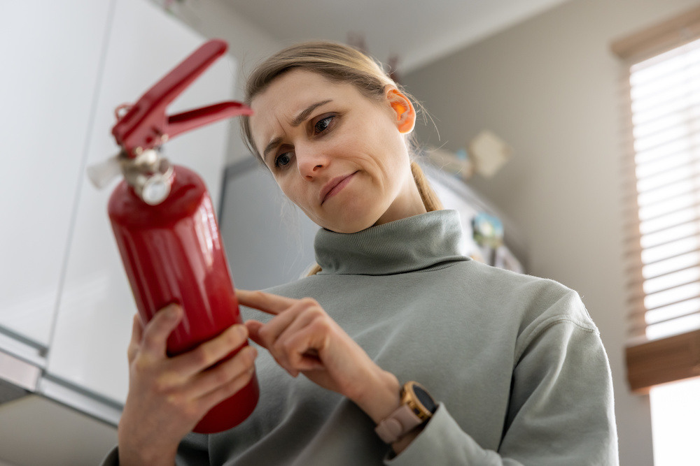 A woman examines her red fire extinguisher.