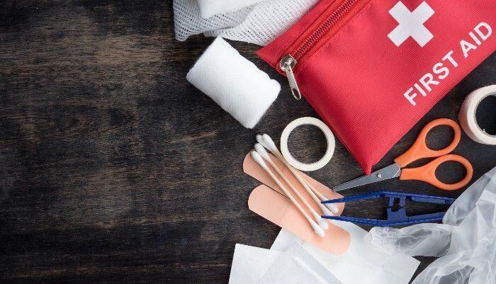 A first aid kit should include bandages, gauze, sterile gloves, medical tape, tweezers, scissors, and a thermometer.